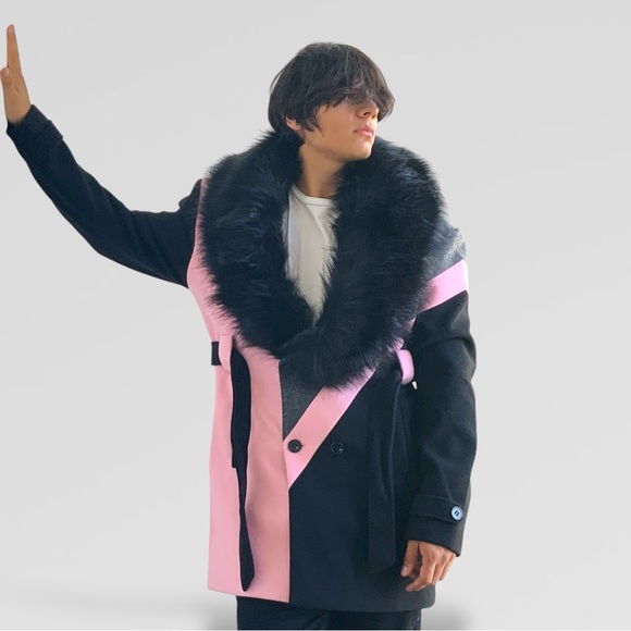 Men’s Pink | Grey | Black Double Breast Coat with Faux Fur NWT - Picture 7 of 9